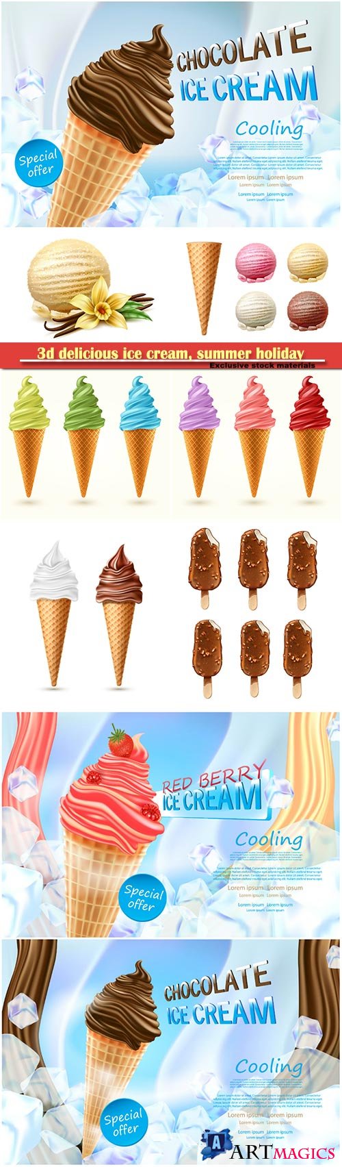 3d delicious ice cream, summer holiday advertising design