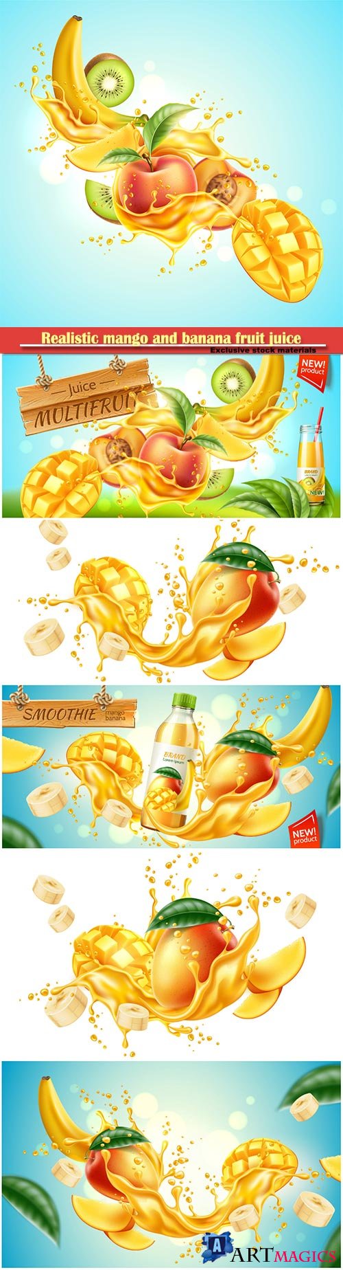 Realistic mango and banana fruit juice advertising , vector product package design