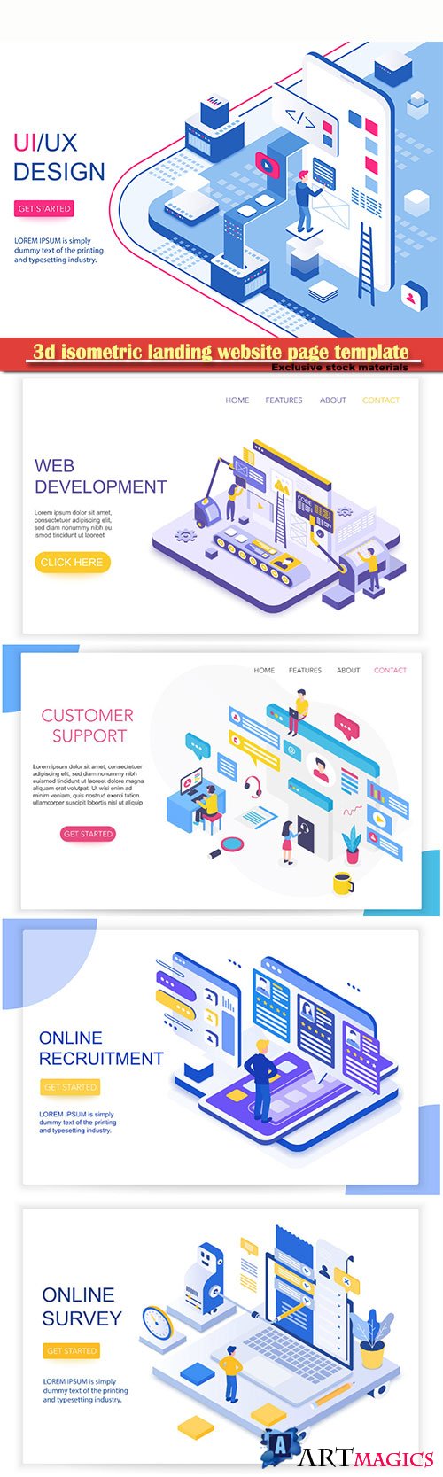 3d isometric landing website page template vector illustration