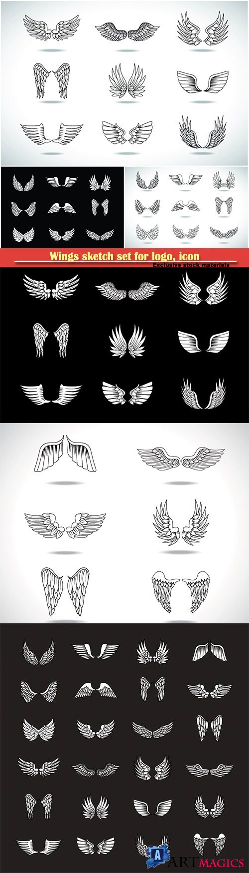 Wings sketch set for logo, icon, tattoo templates, emblem, label