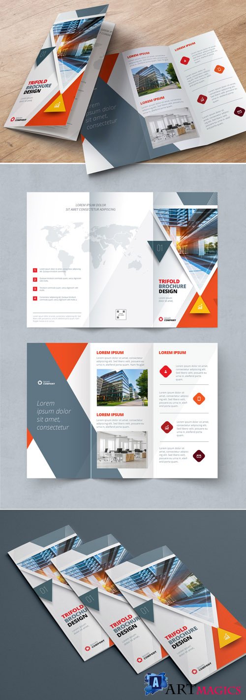 Orange Trifold Brochure Layout with Triangles_267840452