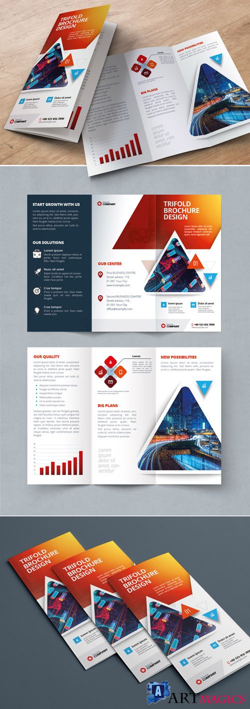 Red Gradient Trifold Brochure Layout with Triangles_267840479