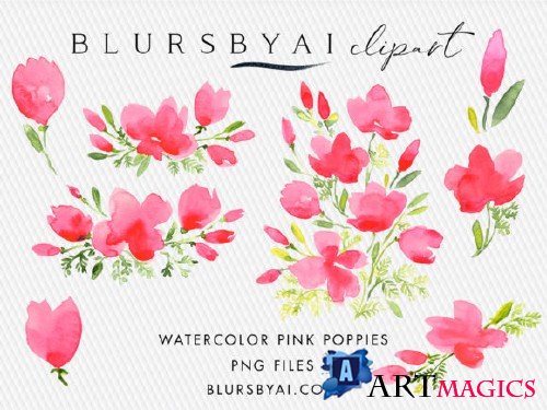 Pink Watercolor Poppies Clipart