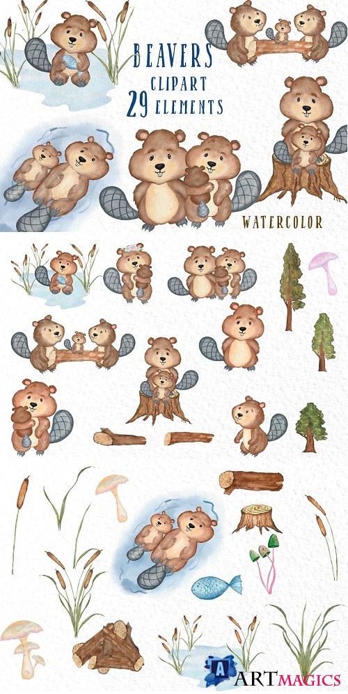 Watercolor animals Beavers clipart - 3909013