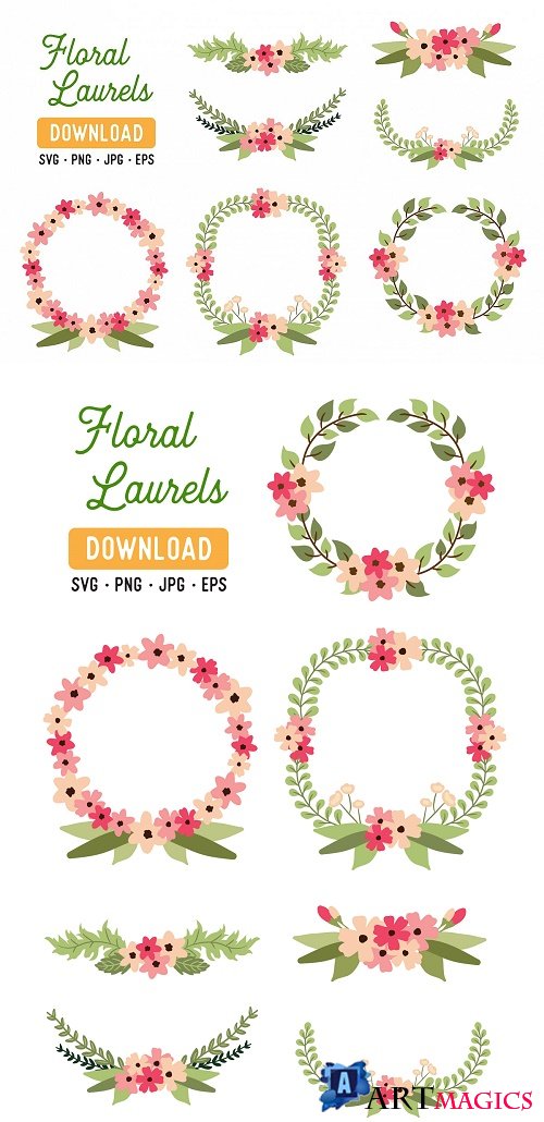 Pink Laurel Vector Clipart SVG Pack - Wreath Laurel Pack - 274796