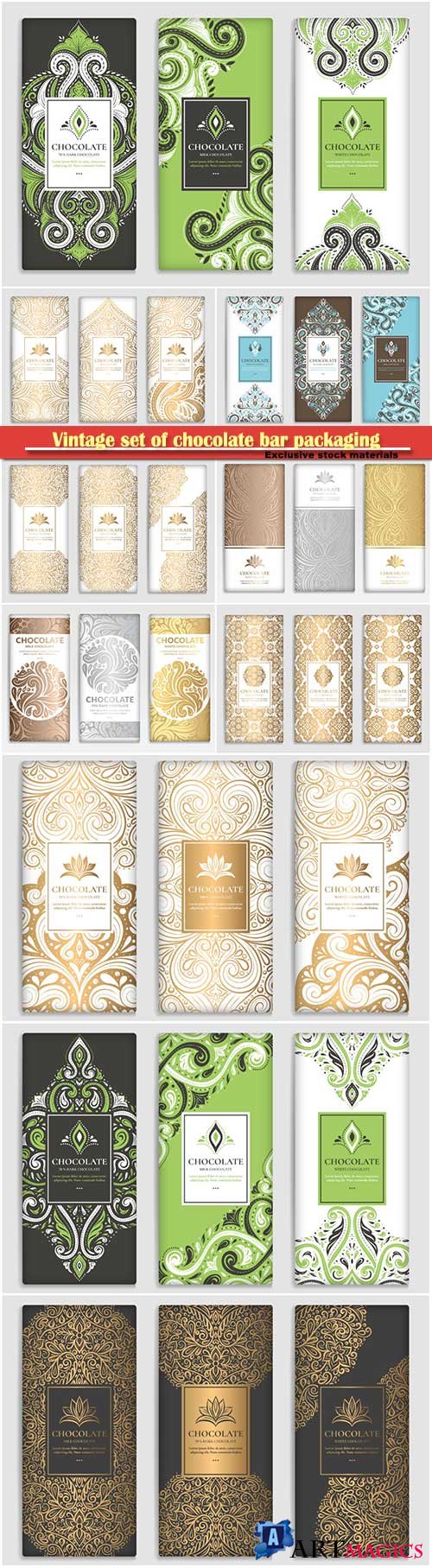 Vintage set of chocolate bar packaging design, vector luxury template with ornament elements