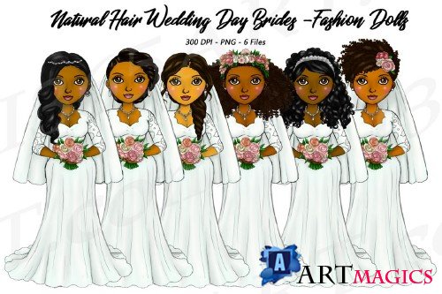 Bride Clipart Wedding Girls, Natural Hair Fashion Dolls, PNG - 246340