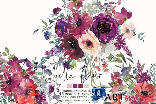 Watercolor Purple & Burgundy Florals - 3361909