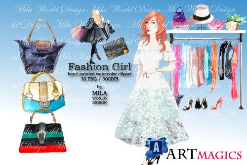 Fashion Girl Watercolor Clip Art - 3915890