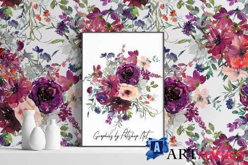 Watercolor Purple & Burgundy Florals - 3361909