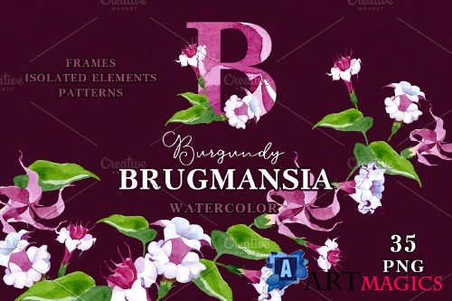 Burgundy Brugmansia Watercolor png - 3923584