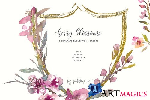 Hand Painted Cherry Blossoms Crests - 3481456
