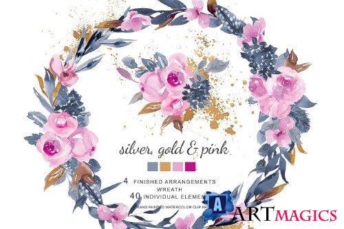 Watercolor Soft Pink Roses & Gold - 2732288