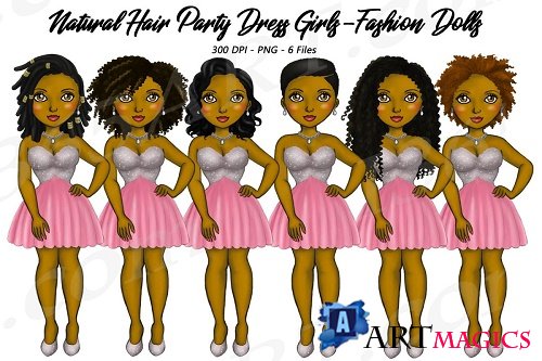 Party Dress Girls Natural Hair Clipart, Black Girl Dolls - 225065