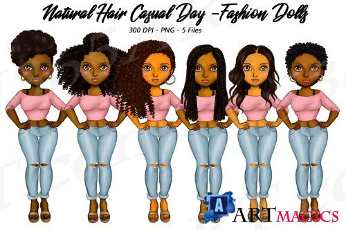 Casual Day Clipart, Black Girls, Natural Hair, Fashion Dolls - 246345