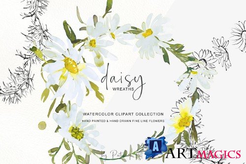 Watercolor Daisy Wreath Clip Art - 3555783