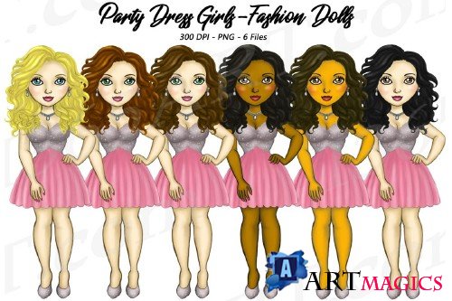 Party Dress Girls Cute Pink Dress Clipart, Fashion Dolls - 225050