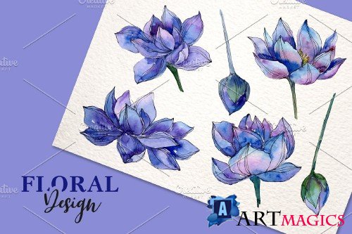 Watercolor Lotus PNG set - 3921325