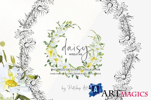 Watercolor Daisy Wreath Clip Art - 3555783