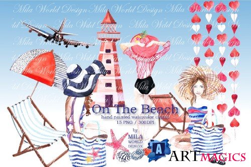 On The Beach Watercolor Clip Art - 3915594