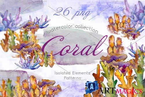 Watercolor Sea Corals PNG set - 3921448