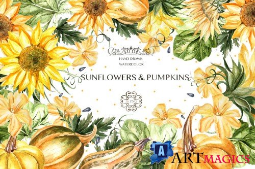 Watercolor Sunflower & Pumpkins - 3921210