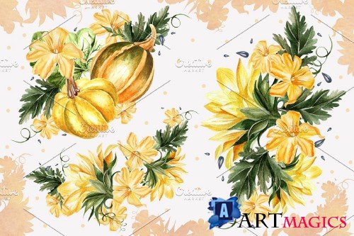 Watercolor Sunflower & Pumpkins - 3921210