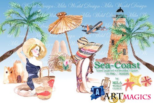 Sea-Coast Watercolor Clip Art - 3915885