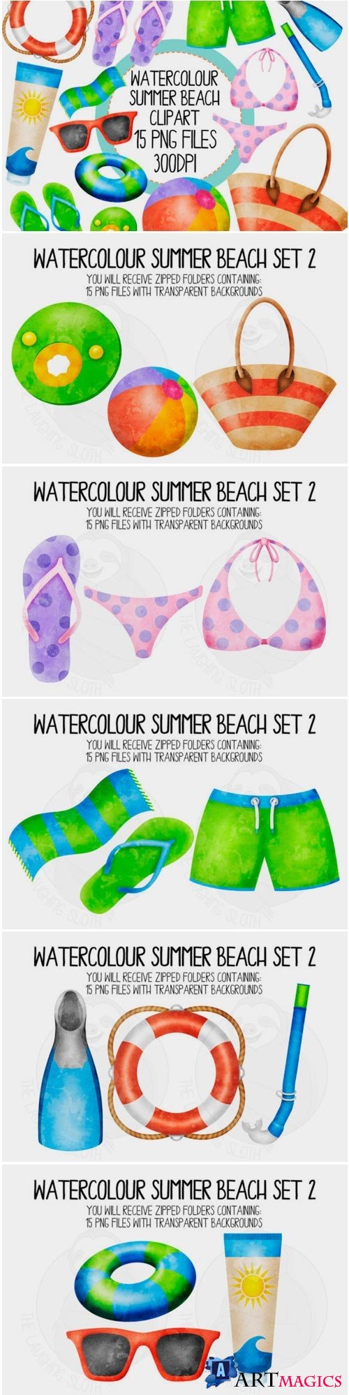Watercolor Summer Beach Clip Art Set 2 - 283562