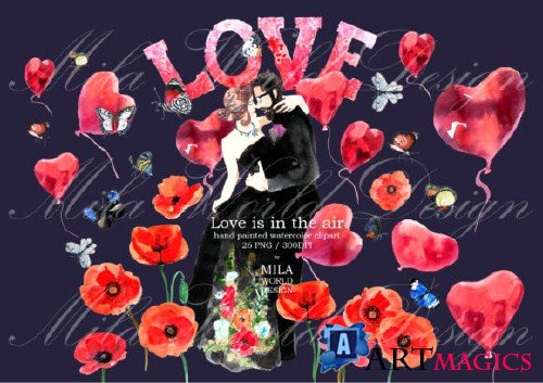 Love is in the Air Watercolor Clip Art