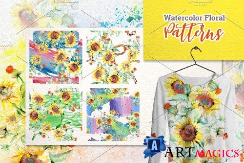 Watercolor bouquets with sunflowers - 3923962