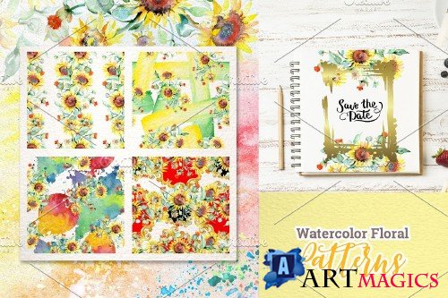 Watercolor bouquets with sunflowers - 3923962