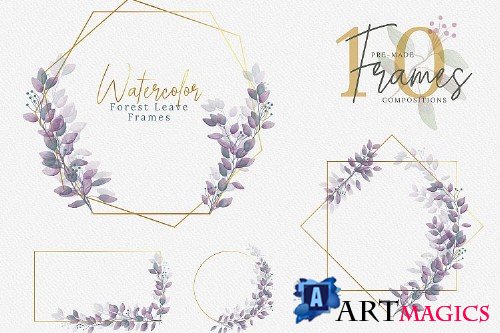 Watercolor Geometric Forest Leaves Frames - 288045