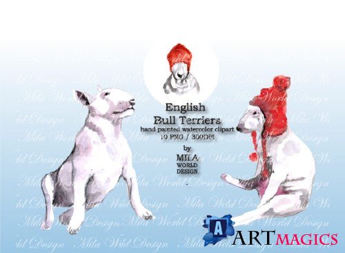 Watercolor English Bull Terriers Clip Art