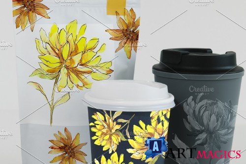 Yellow Watercolor Asters PNG set - 3928440