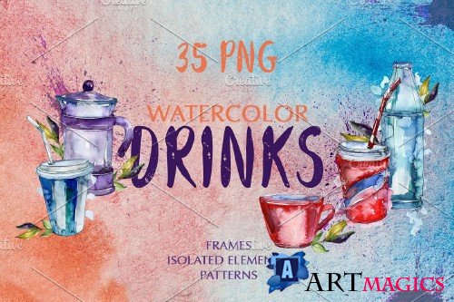 Watercolor Drinks. PNG set - 3932227