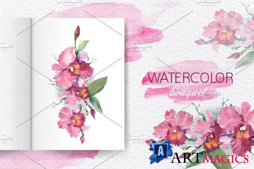 Branch of pink orchids Watercolor - 3931525