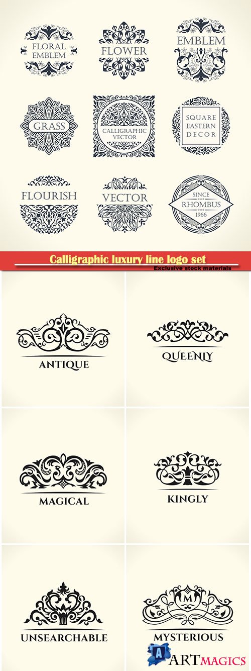 Calligraphic luxury line logo set, flourishes black frame, emblem monogram