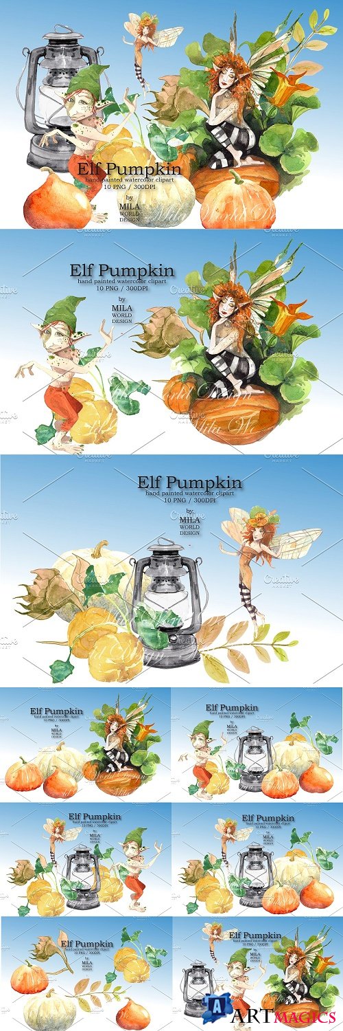 Elf pumpkin watercolor clip art - 3946706