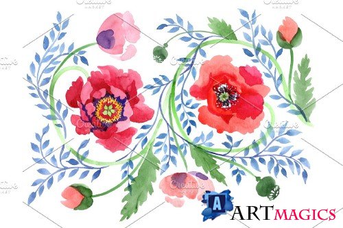 Ornament of poppies red watercolor - 3950981