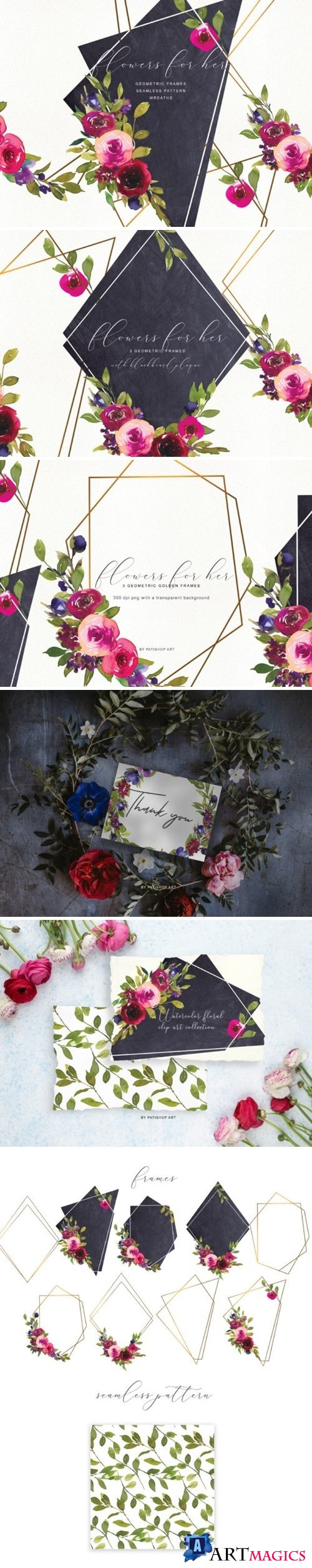 Watercolor Rose Frame & Wreath Set - 3957874