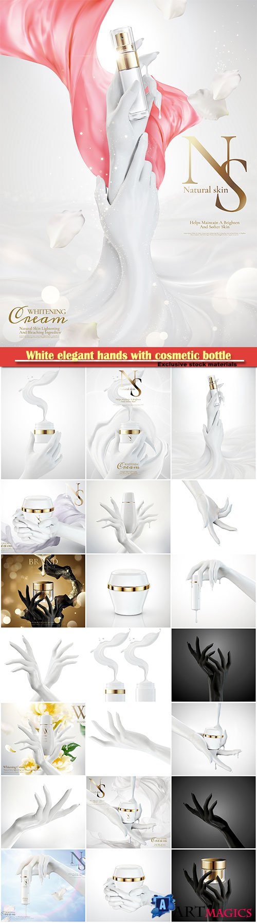 White elegant hands with cosmetic bottle in 3d illustration