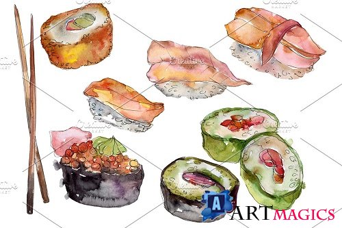Sushi set Watercolor png - 3966708