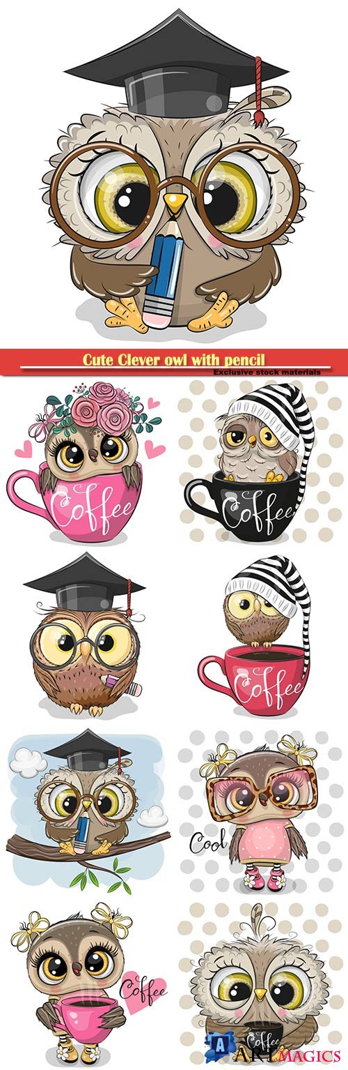 Cute Clever owl with pencil and in graduation cap