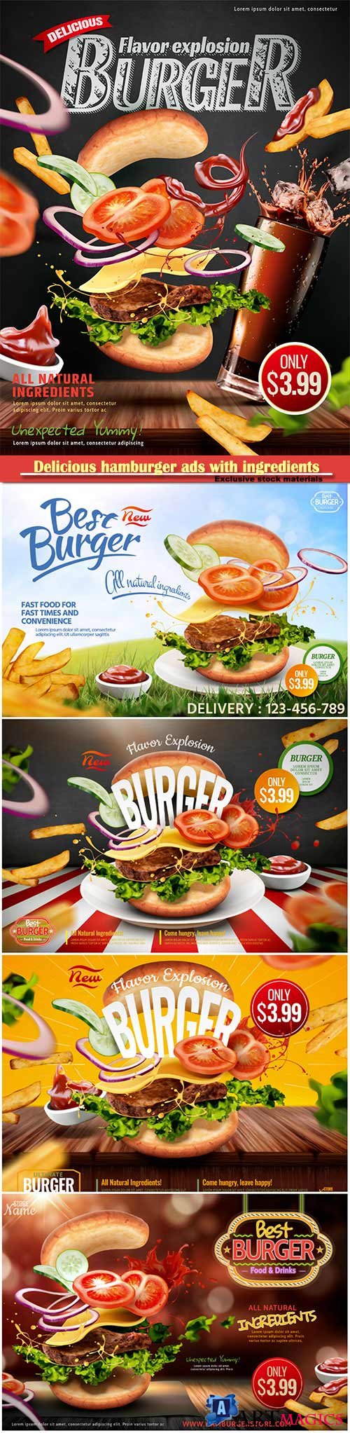 Delicious hamburger ads with ingredients flying in the air on chalkboard background in 3d illustration