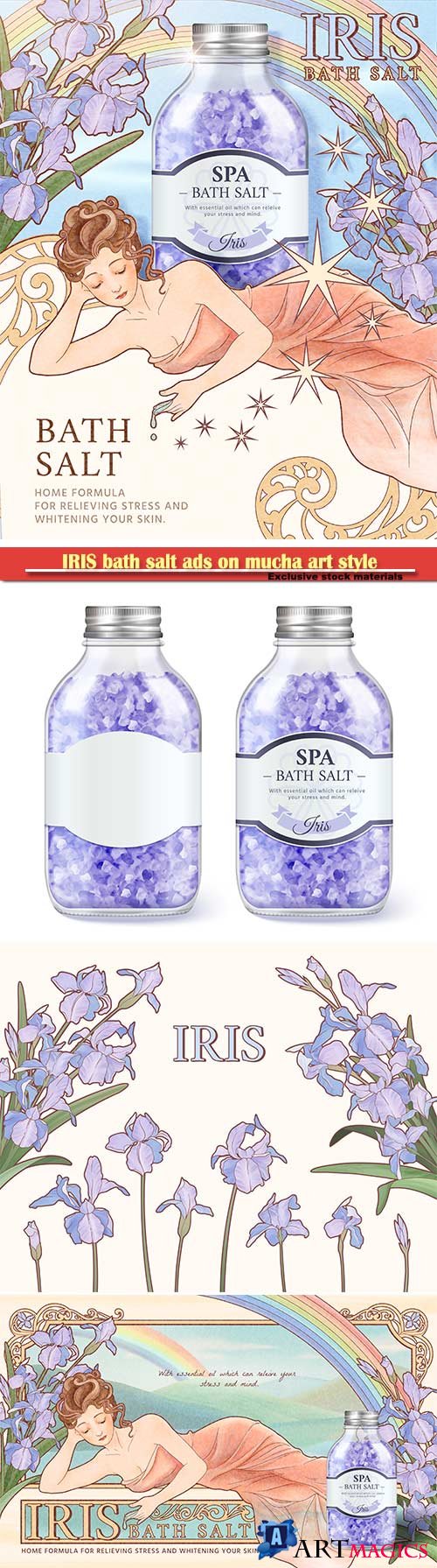 IRIS bath salt ads on mucha art style background, woman side lying with purple flowers