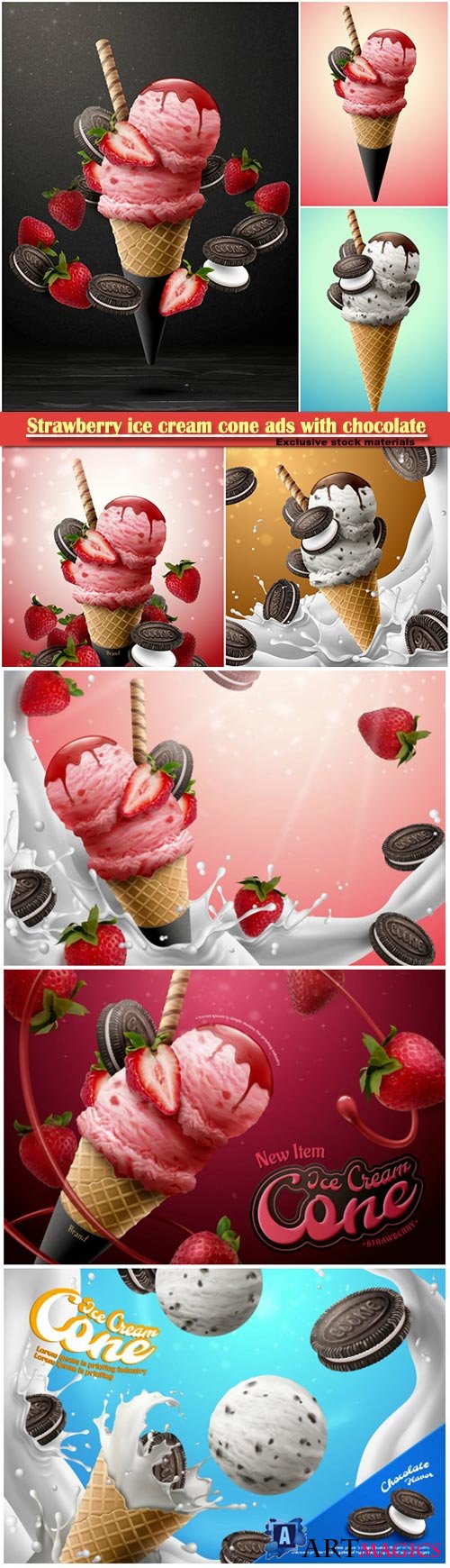 Strawberry ice cream cone ads with chocolate cookie and fresh fruit on glittering pink background, 3d illustration