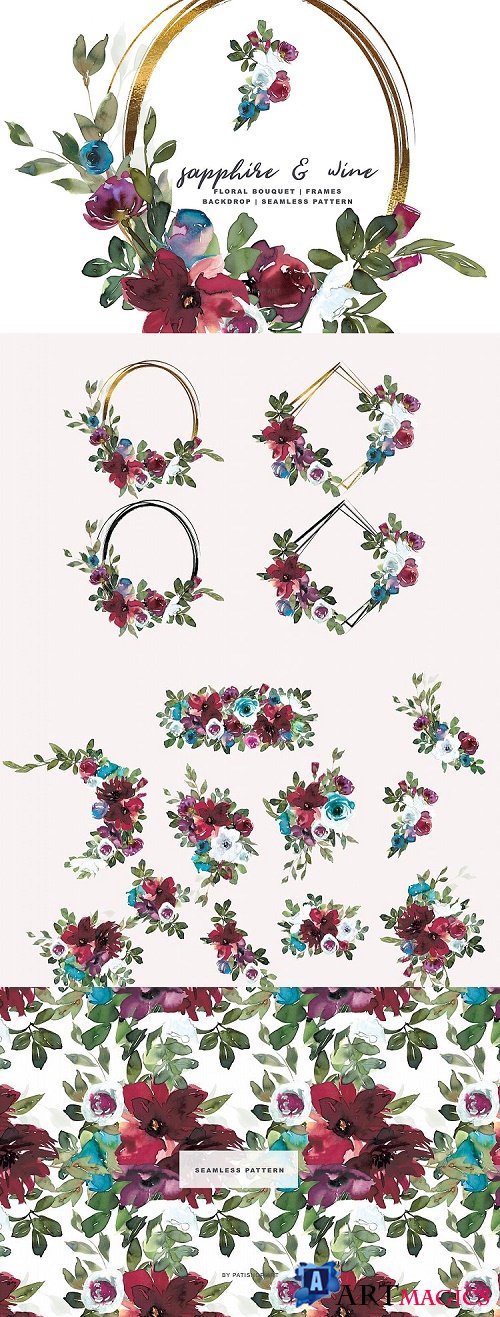 Sapphire Wine Watercolor Floral Clipart Collection - 296528
