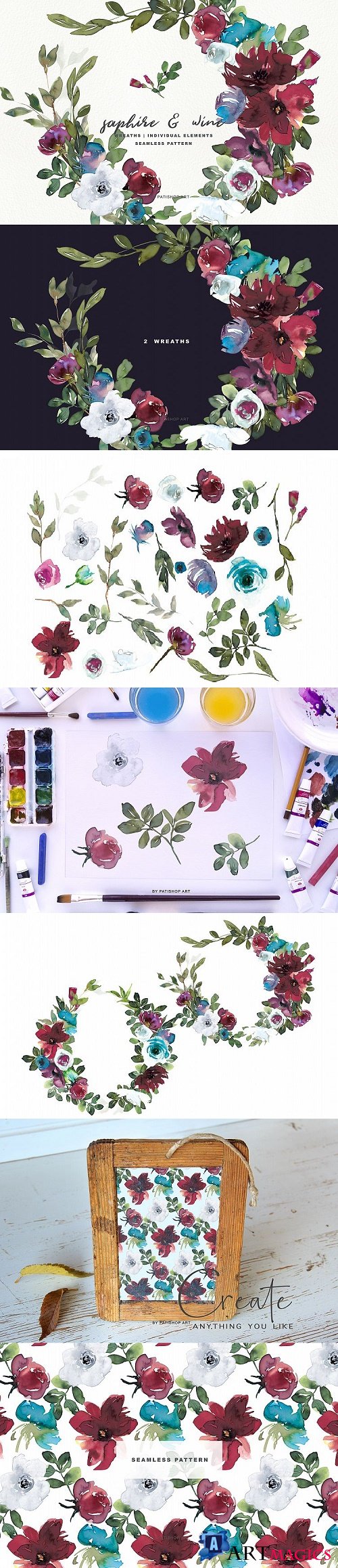Sapphire Wine Watercolor Floral Clipart Collection - 296628