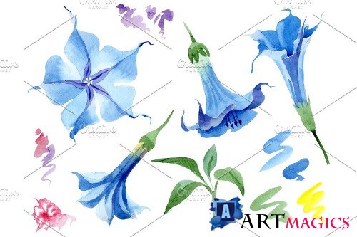 Brugmansia soft blue watercolor png - 3967129